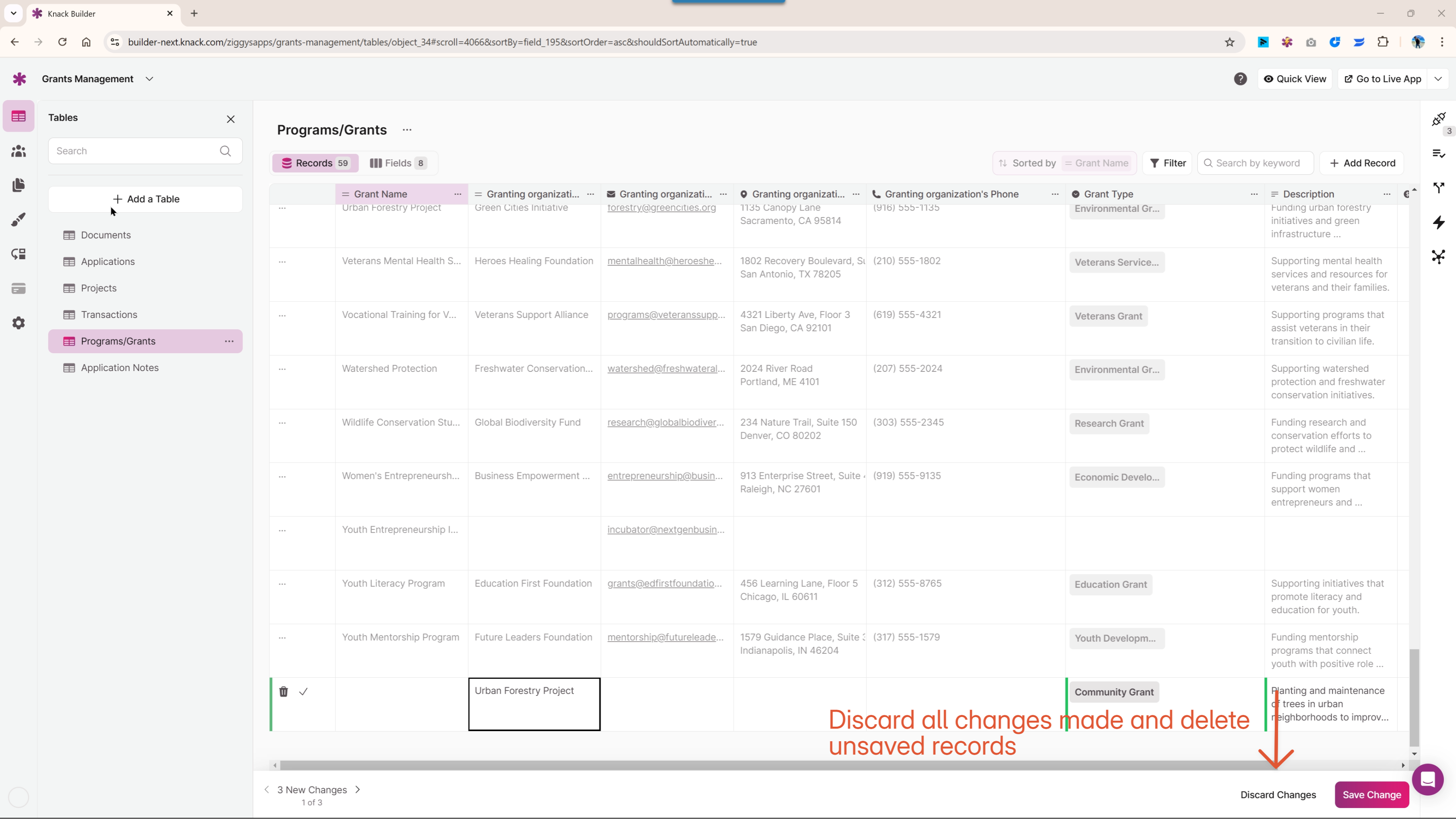 Discard changes and delete unsaved records