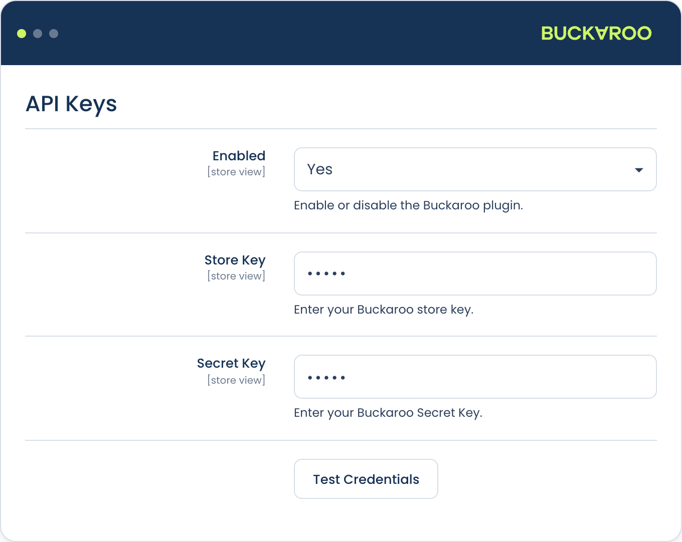 Buckaroo Plugin API settings