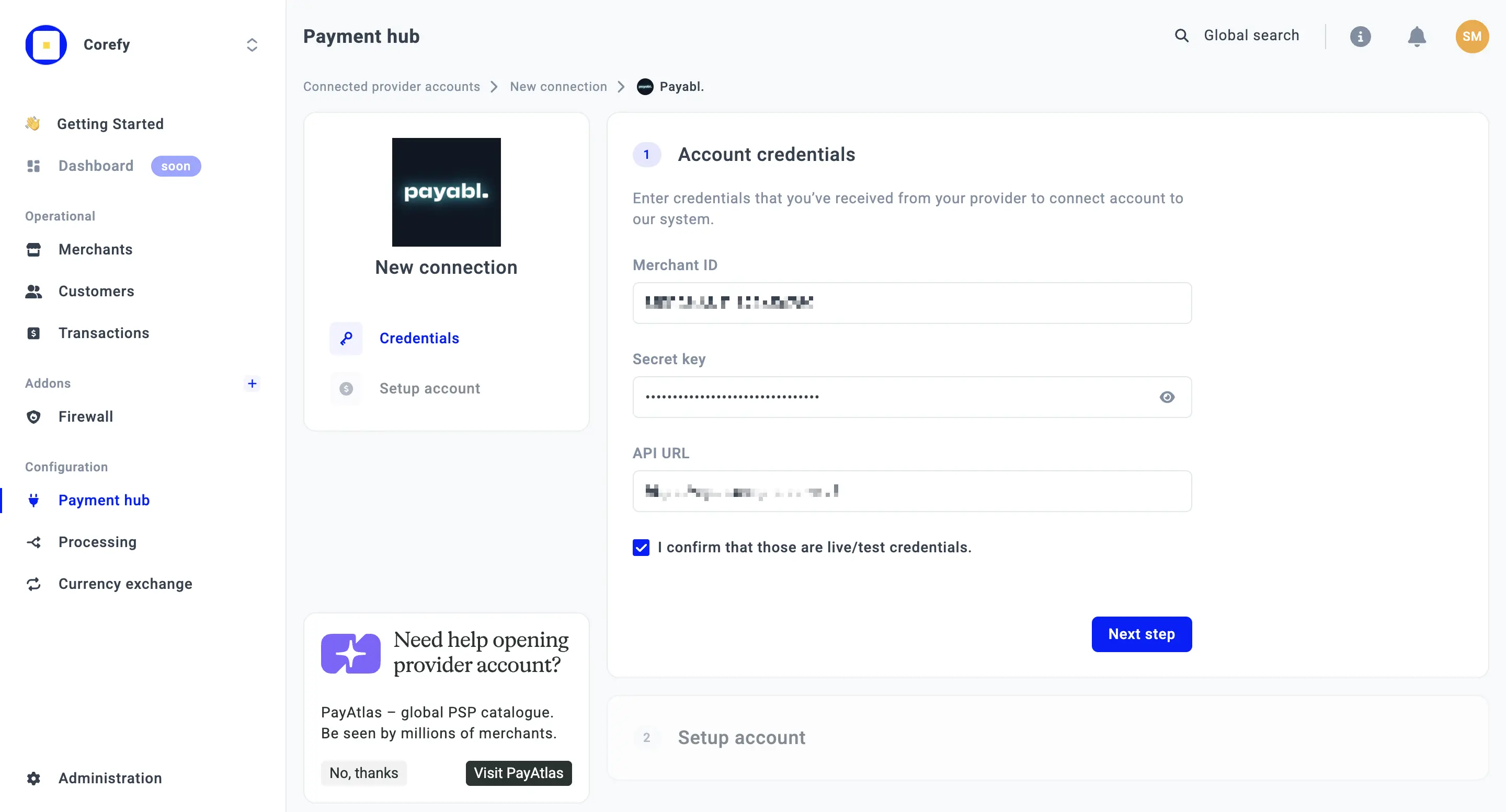 Provider connection form - Step 1