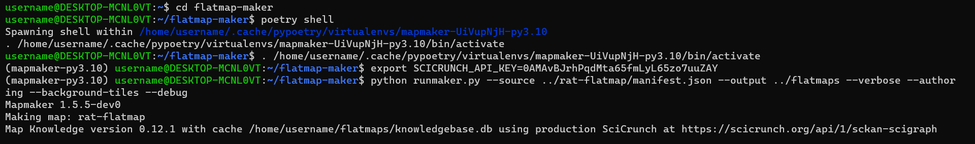 Figure 13: Running mapmaker in a Poetry shell. The ‘source’ and ‘output’ arguments are required, and must point to the flatmap source manifest and the output directories, respectively. The remaining arguments are optional ones relating to the visuals of the map and the mapmaker output.