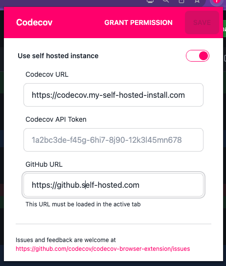 Self-hosted configuration settings. Users will need to supply the URL of both their GitHub and Codecov installations, as well as an API token generated from the user settings page of their Codecov installation.