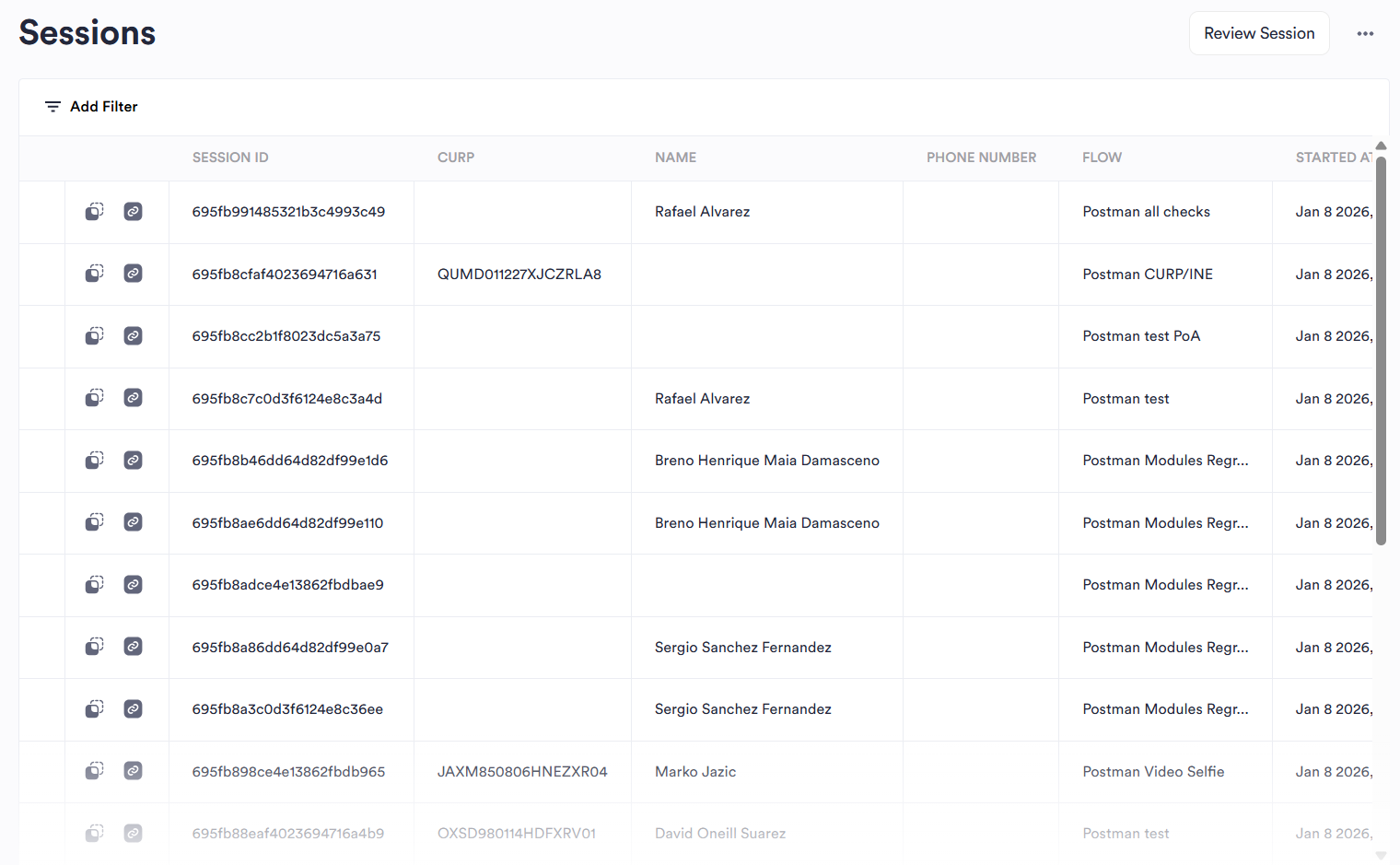 Sessions page table showing Session ID, CURP, Name, Phone Number, Flow, and Started At columns, with an Add Filter button.