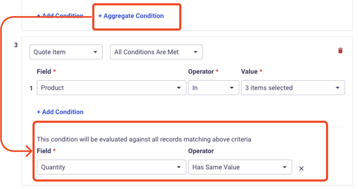 Use an aggregate condition to compare the value of a field across multiple matching records 