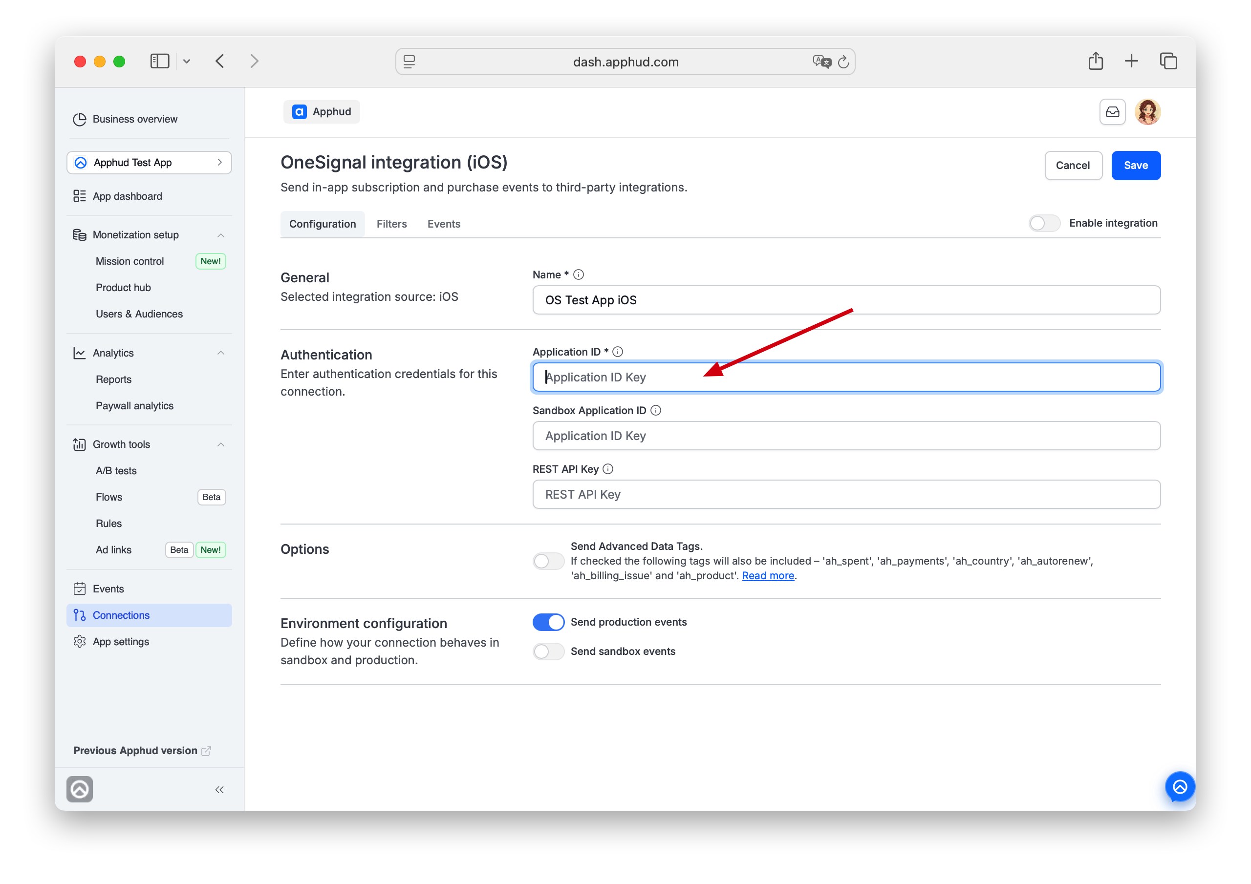 Apphud - OneSignal authentication fields
