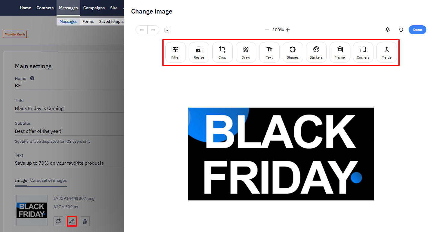 Change image editor showing the image editing toolbar highlighted with Filter, Resize, Crop, Draw, Text, and other tools