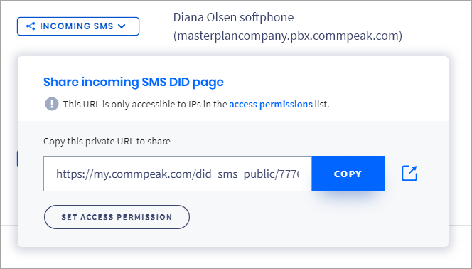 Screenshot of the button to copy the shared incoming SMS DID page