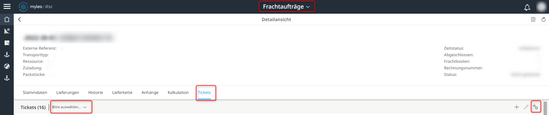 Varianten- und Filterauswahl sowie Tabelleneinstellungen innerhalb der Frachtaufträge App