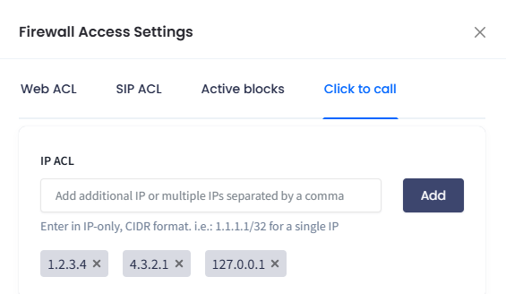 Screenshot of setting Click2Call ACL