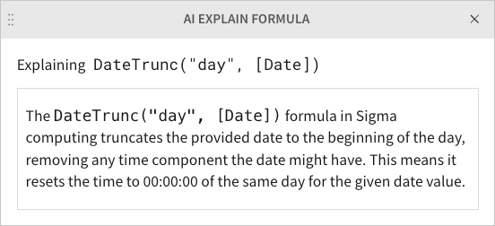 "AI explain formula" modal showing an AI-generated explanation of the formula.