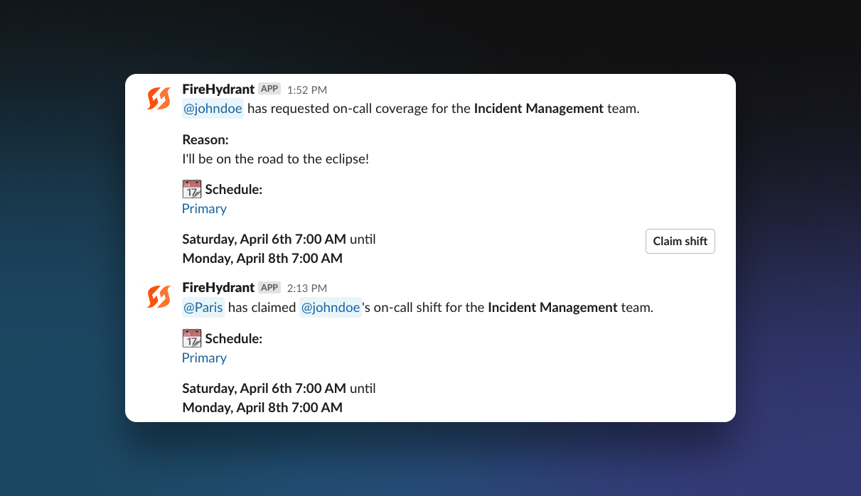 Example of requested + claimed shift notification messages in a team's Slack channel