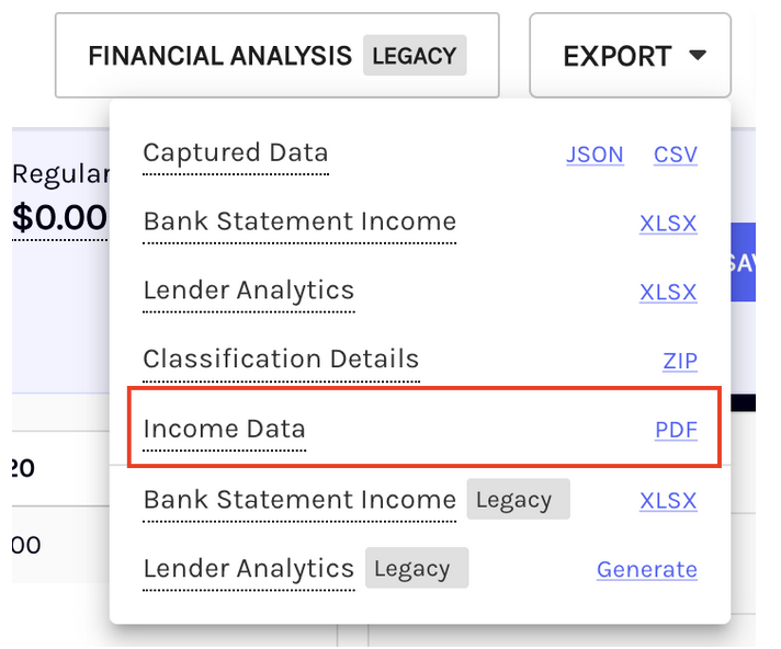 The Export dropdown menu displays different format and data export options for the book. The income calculation worksheet can be printed when selecting the PDF link next to the **Income Data** label.  The Income Data label is highlighted via a red outline for emphasis