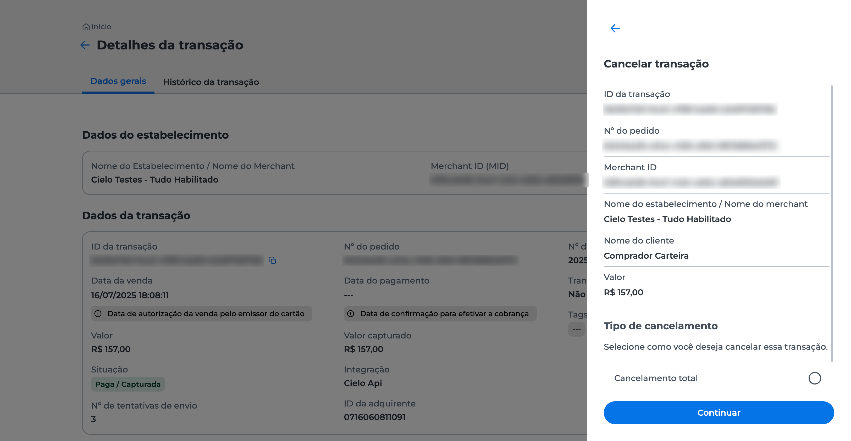 Janela com os detalhes da transação visível. Duas opções de cancelamento estão disponíveis: "Cancelamento total" e "Cancelamento parcial", permitindo ao usuário selecionar o tipo de ação desejada.