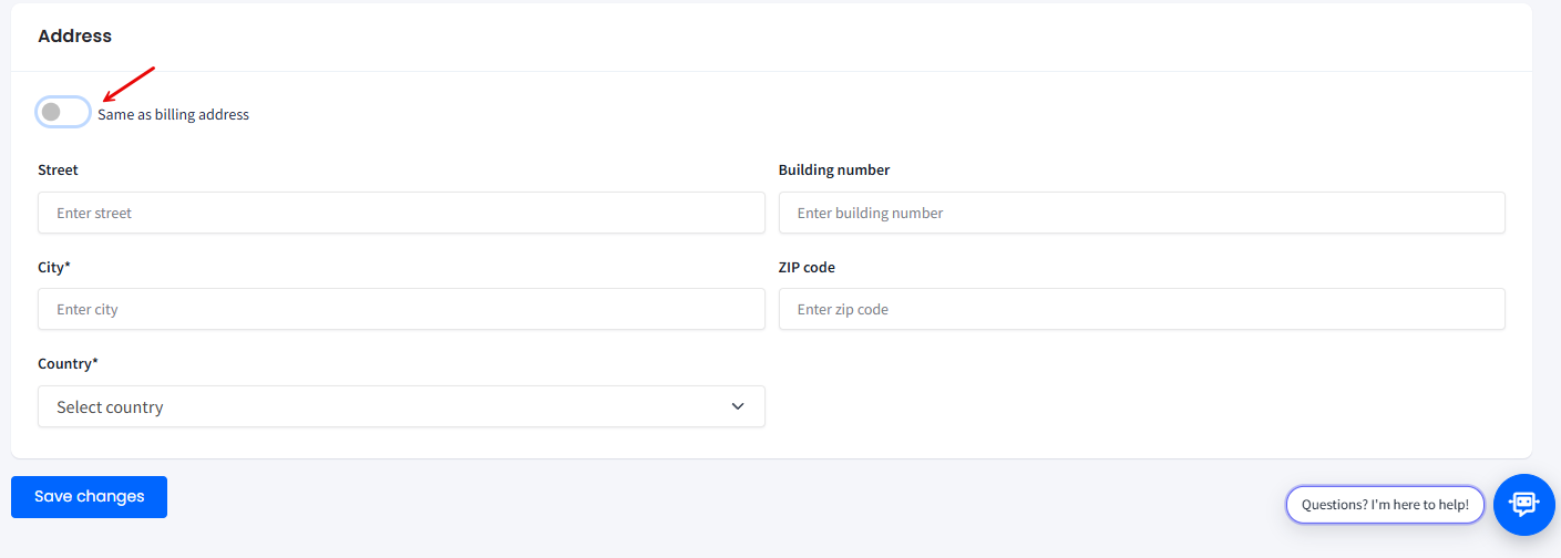 Screenshot of entering physical address data