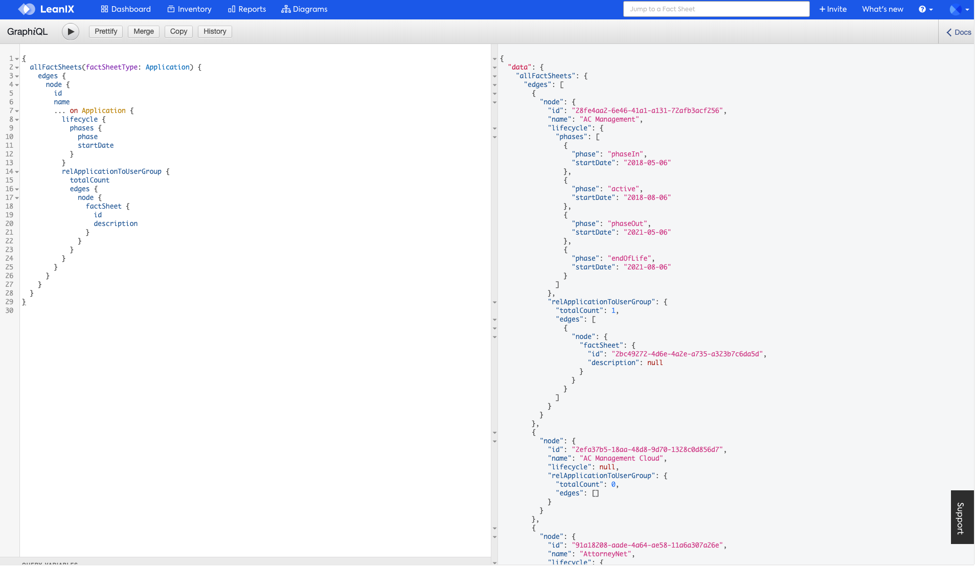 Example of a GraphQL query utilizing the built-in editor.