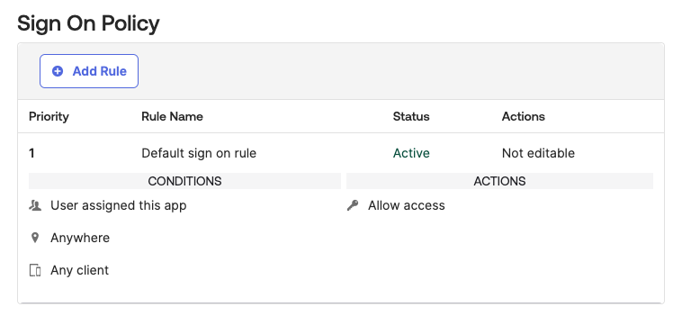 Sign On Policy Section on the Sign On Tab of an SSO Application