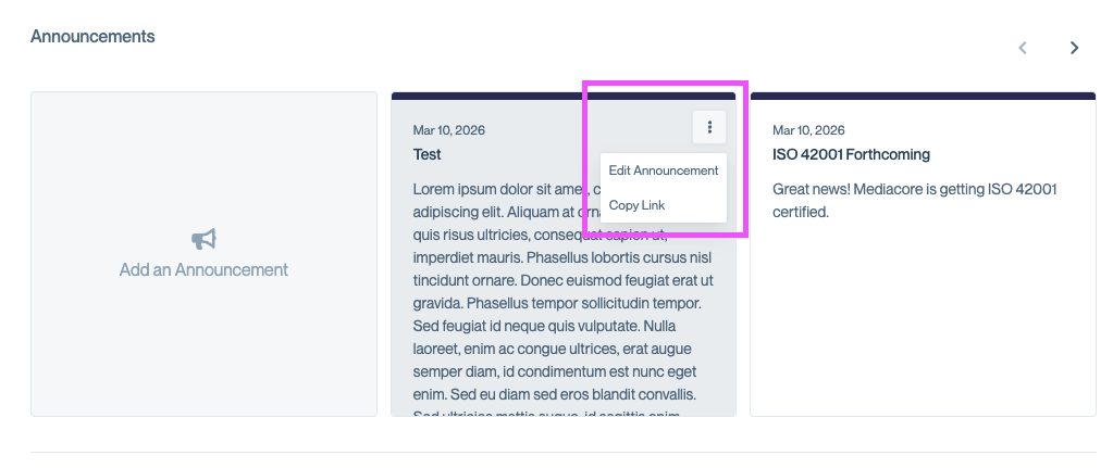 Announcement card with the three-dot menu open, showing Edit Announcement and Copy Link options.