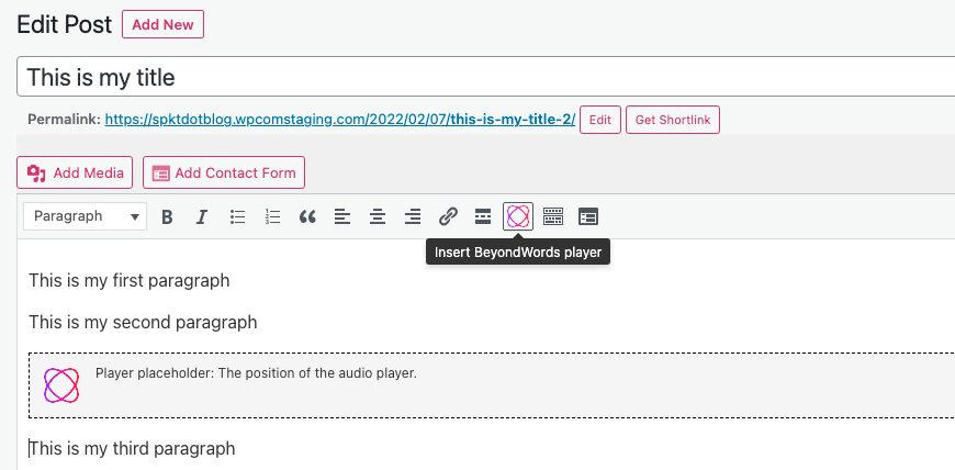 Insert BeyondWords Player button in WordPress Classic Editor.png