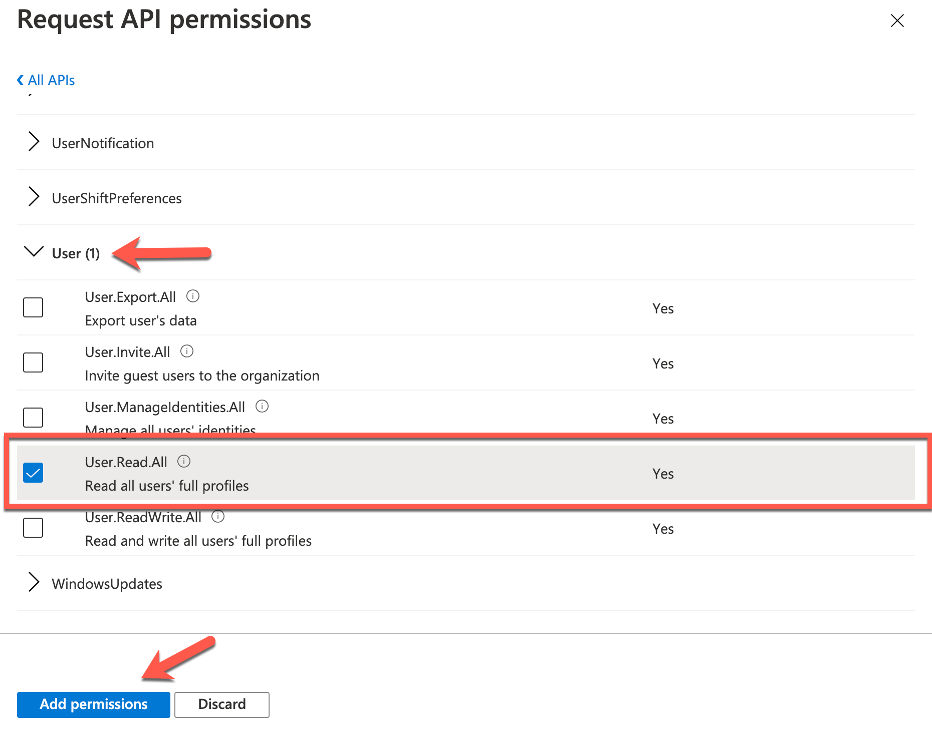 Azure Console - Adding API Permissions (Example permission)
