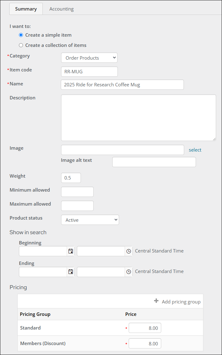 The fields in the Add product window contain the product details defined in step one.