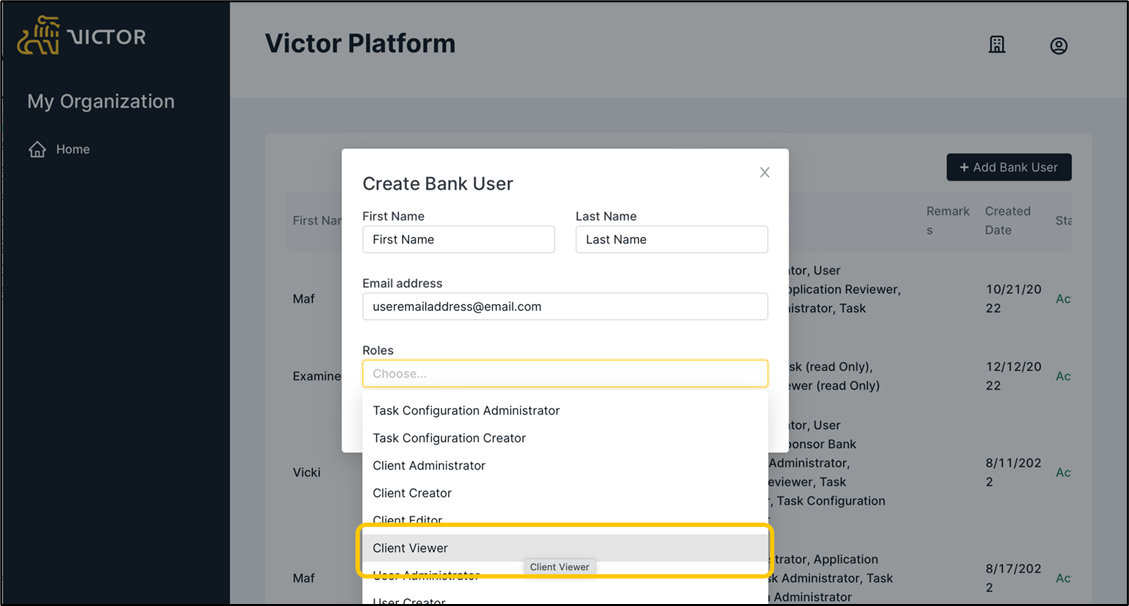 Figure 4. Create Bank User modal role selection