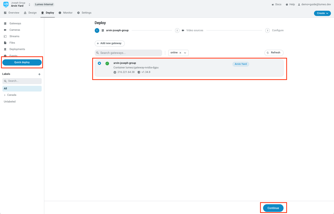 Quick deploy -> Select a gateway -> Continue