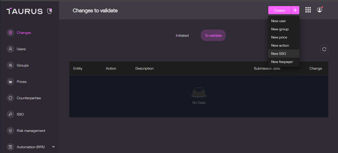 New SSO configuration from Create menu