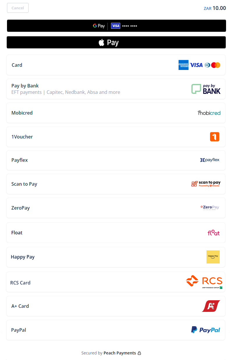 Example Checkout screen; note that not all payment methods are available in all regions or for all currencies.