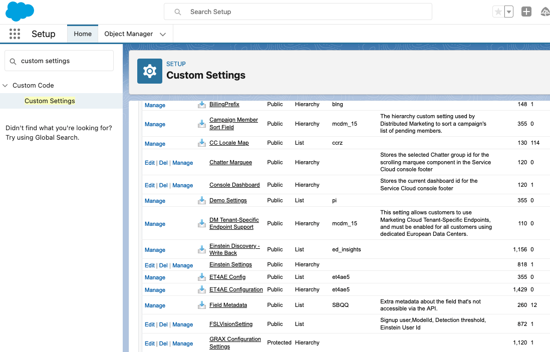 Salesforce Custom Settings Setup page