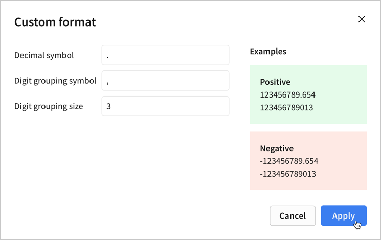 The Custom format modal displaying fields to customize the number format