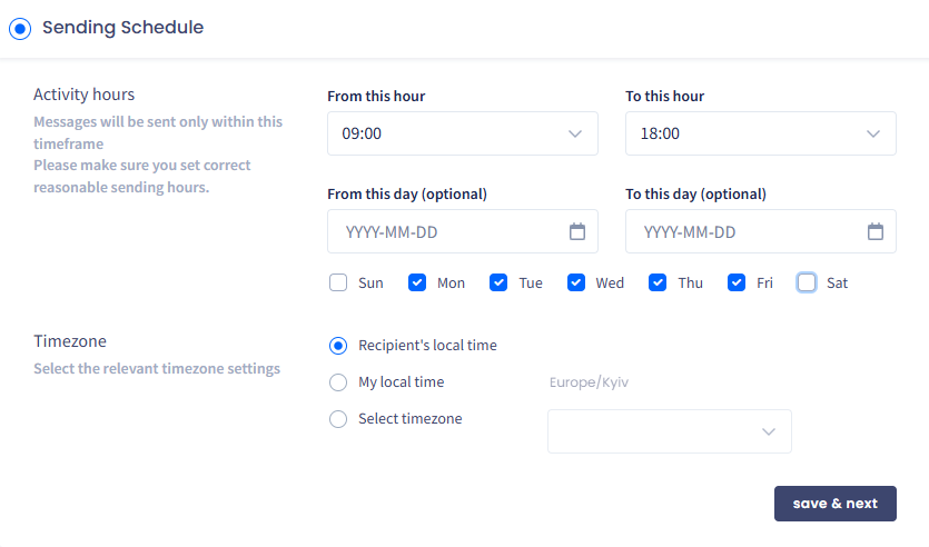 Screenshot of the Sending Schedule options
