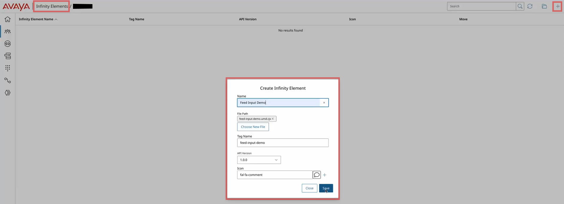 Avaya Infinity Admin - New Infinity Element