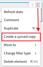 Screenshot of open More menu with Create synced copy highlighted