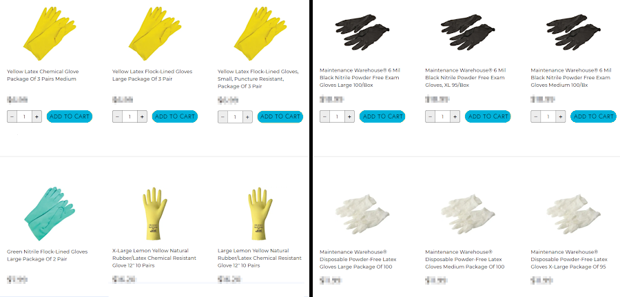 _Search results for “gloves” using Relevance by Segment, Healthcare segment (left) vs Cleaning/Janitorial segment (right)_
