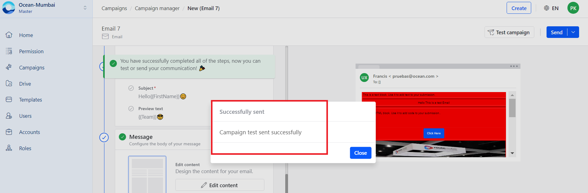 Email test campaign success confirmation