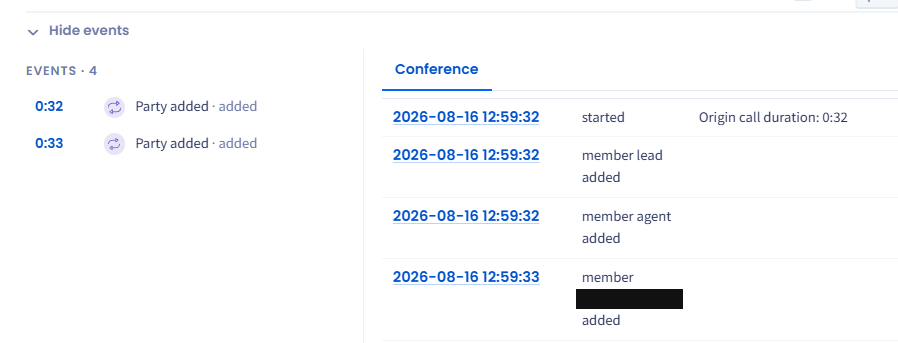 Screenshot of the call event log