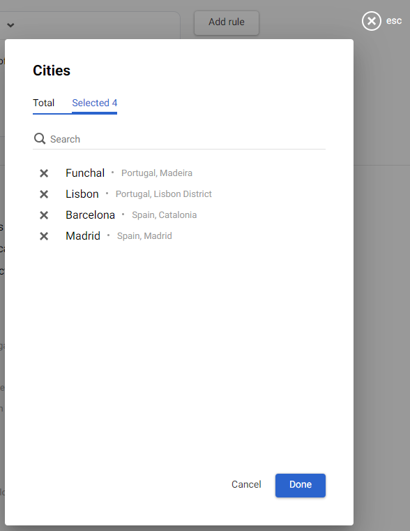 List of selected cities