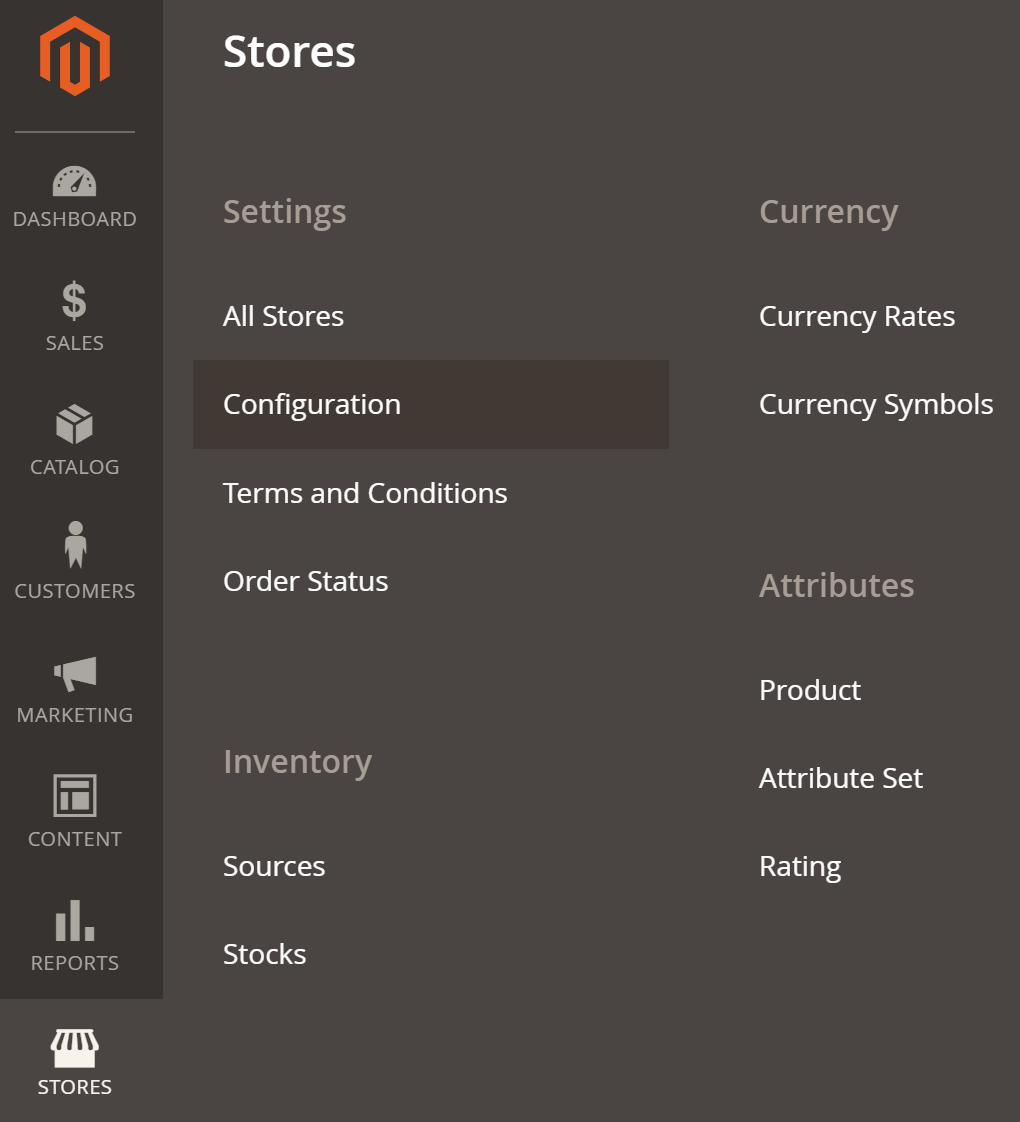 Magento admin dashboard showing the **Stores** settings.