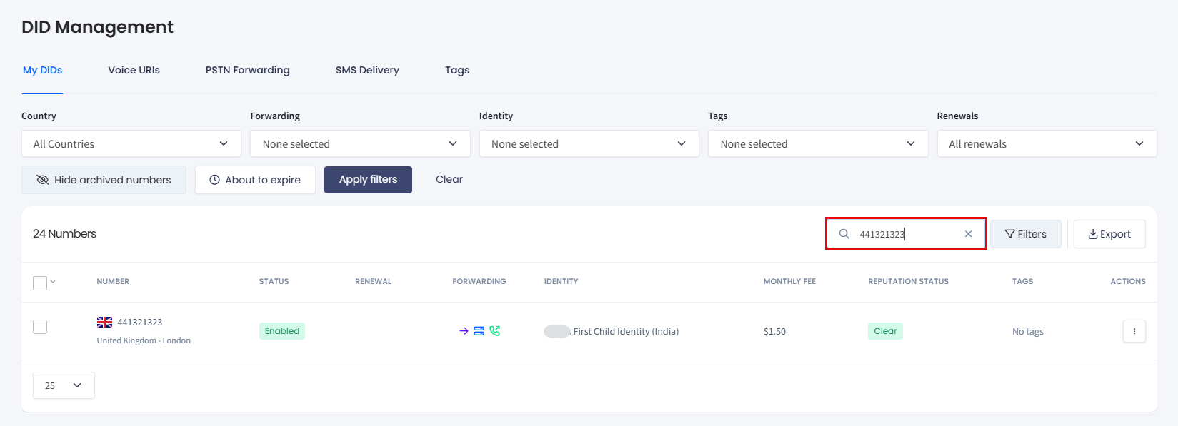 Screenshot of the Search option