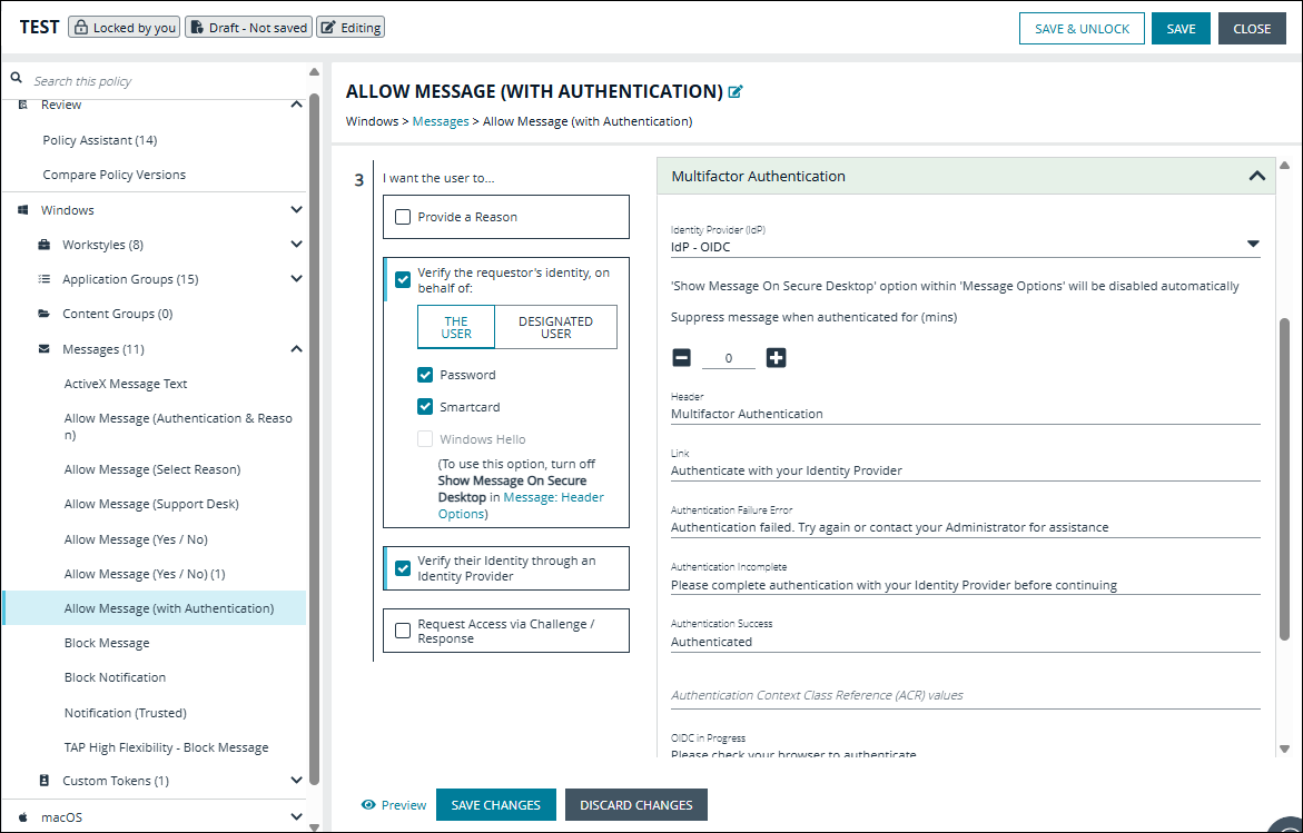 Settings for a multifactor message in the EPM Policy Editor