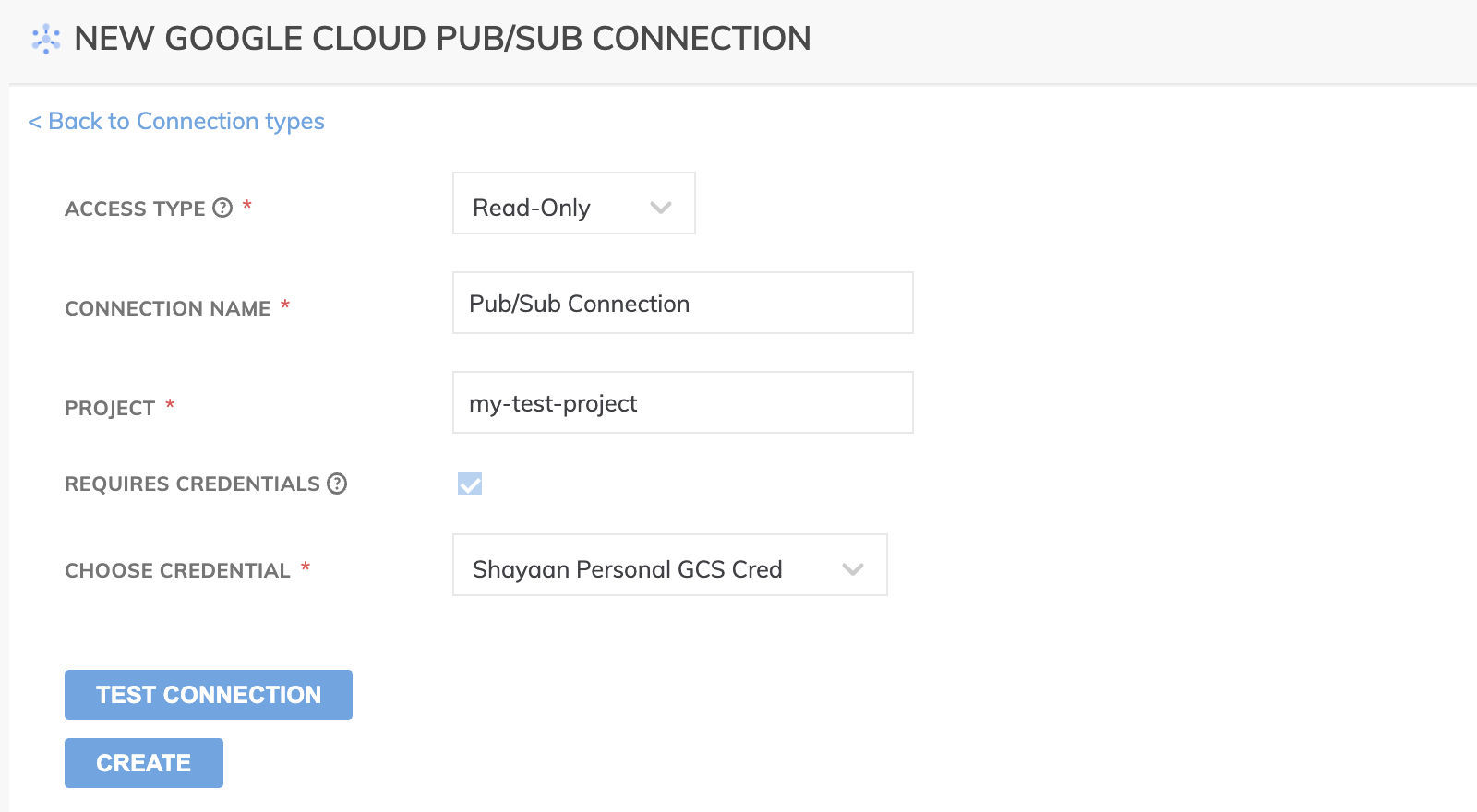 Configuration options for a Google Cloud Pub/Sub connection