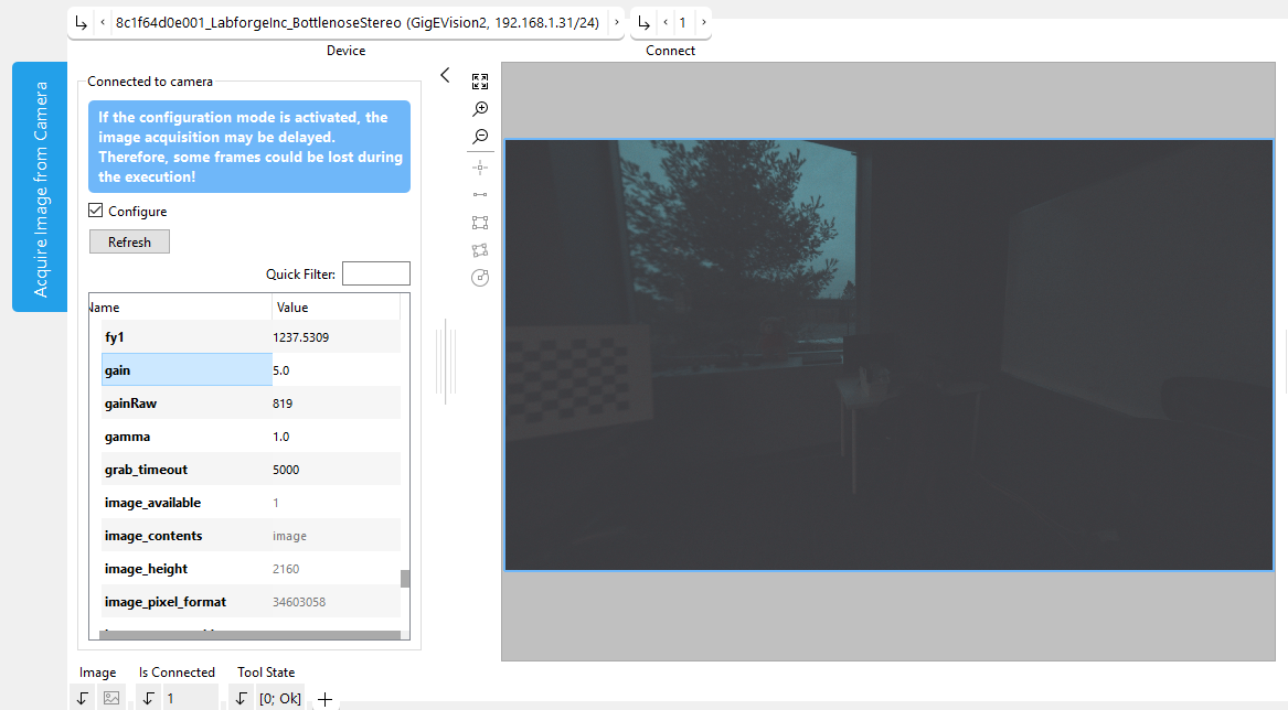 MERLIC with a Bottlenose Camera connected. The list of tunable parameters from the Bottlenose camera is also displayed.