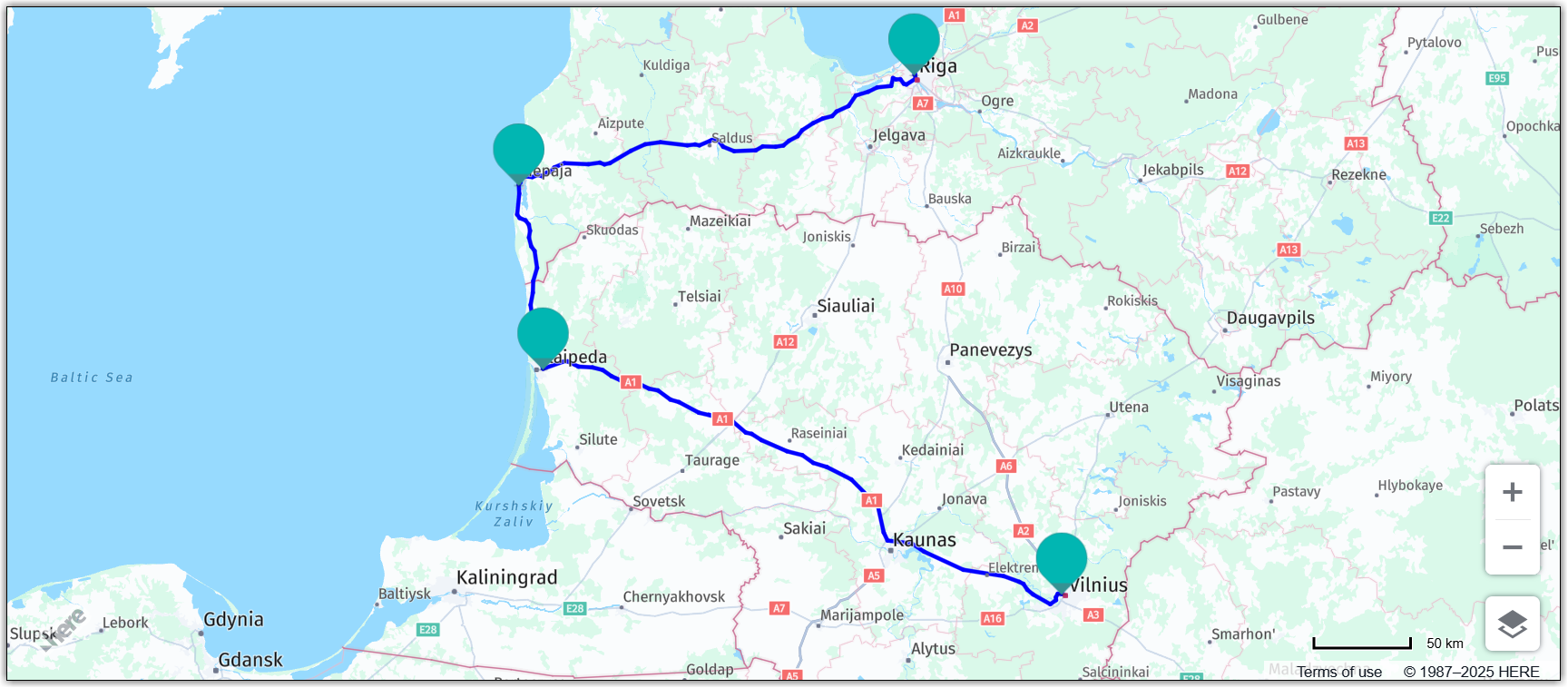 Route that includes via waypoints