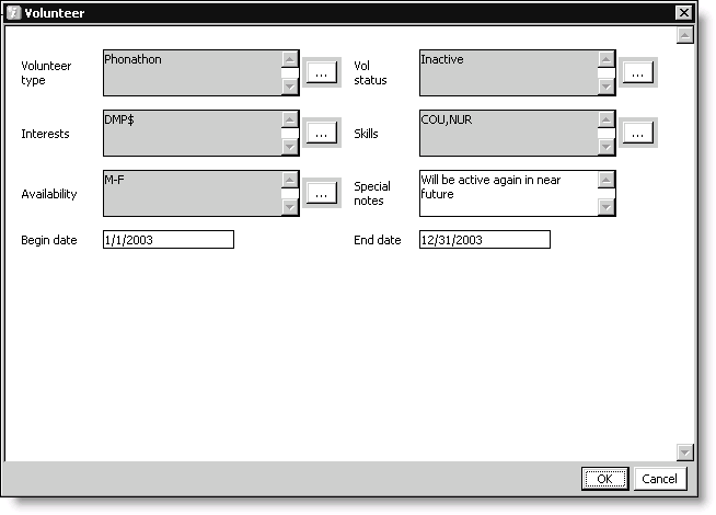 Example of the first row from the multi-instance user-defined tab shown in previous example displayed in a window format (in the data grid, double-click on the gray box located to the left of the row you want to view)