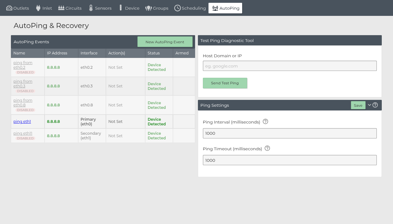 AutoPing and Recovery page