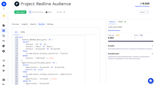 A screenshot of the GrowthLoop audience builder, showing the SQL definition of an audience created by a non-technical user.