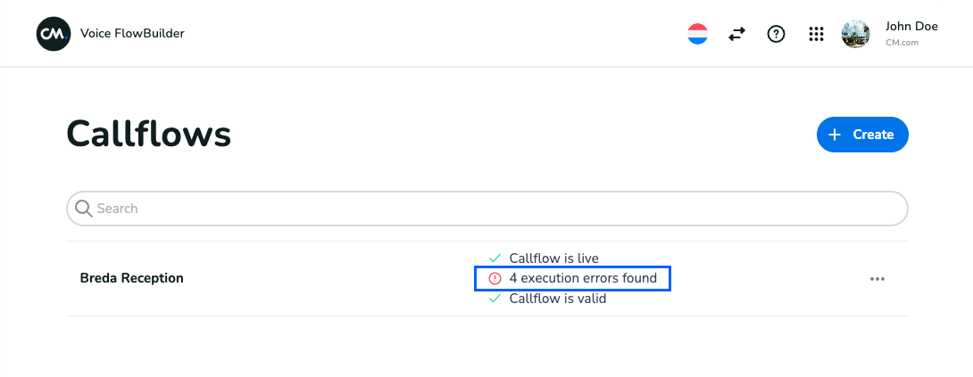 Callflow overview page showing a flow that encountered execution errors.