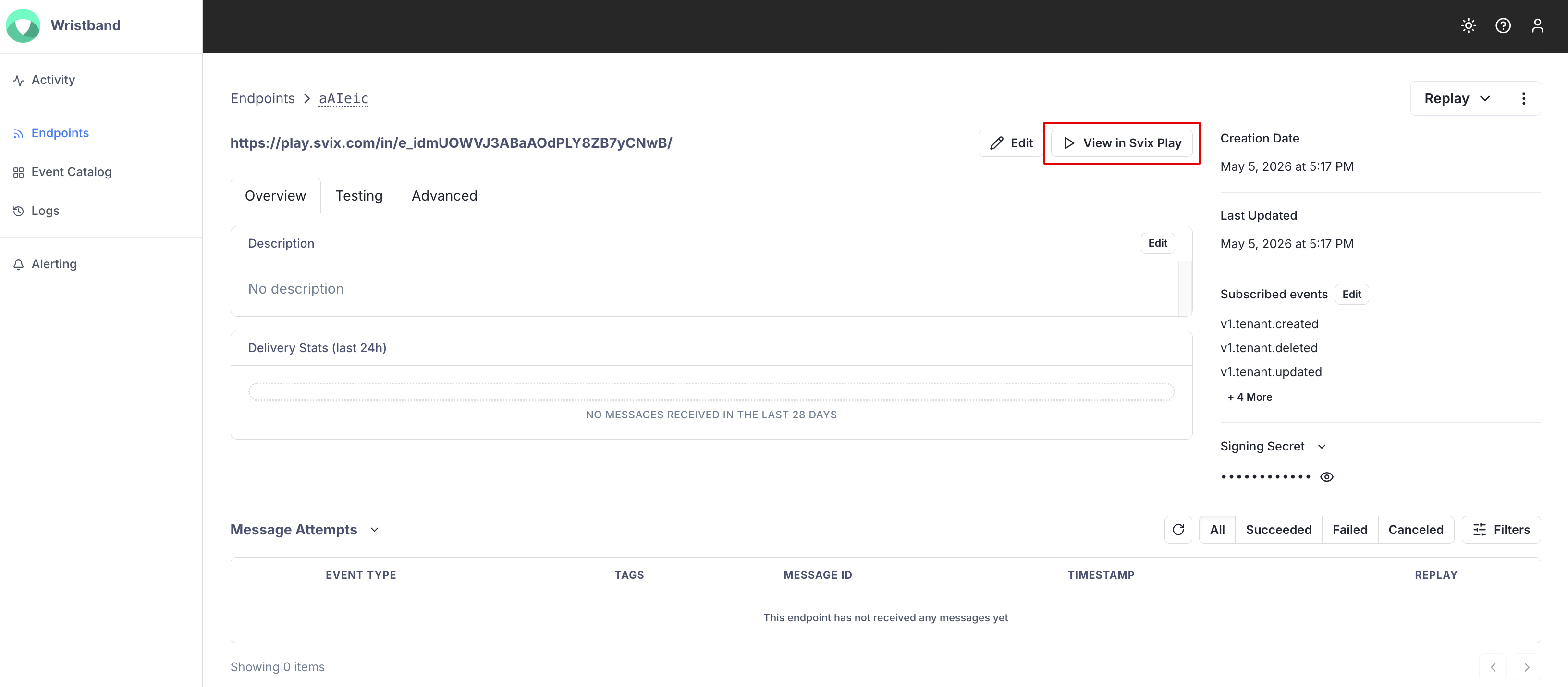 Inspect endpoint events using Svix Play