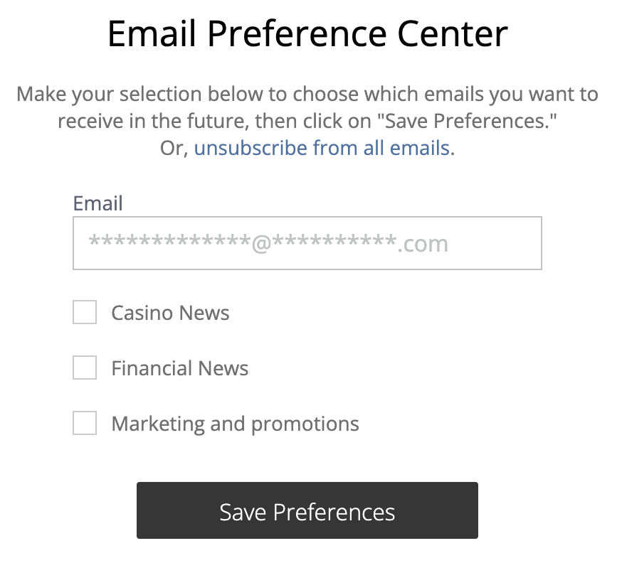 Email preference center showing different preferences to which users can subscribe to.