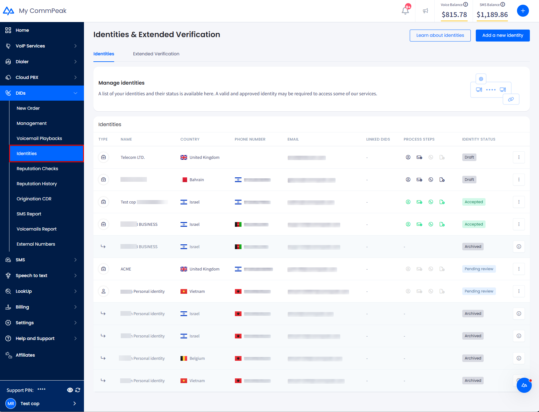 Screnshot of the Manage Identities page