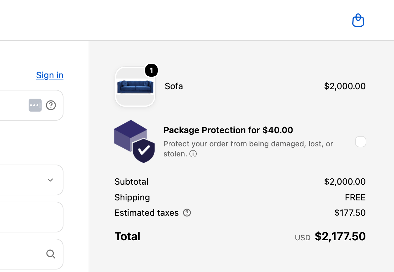 Package Protection card below the cart items in Shopify checkout